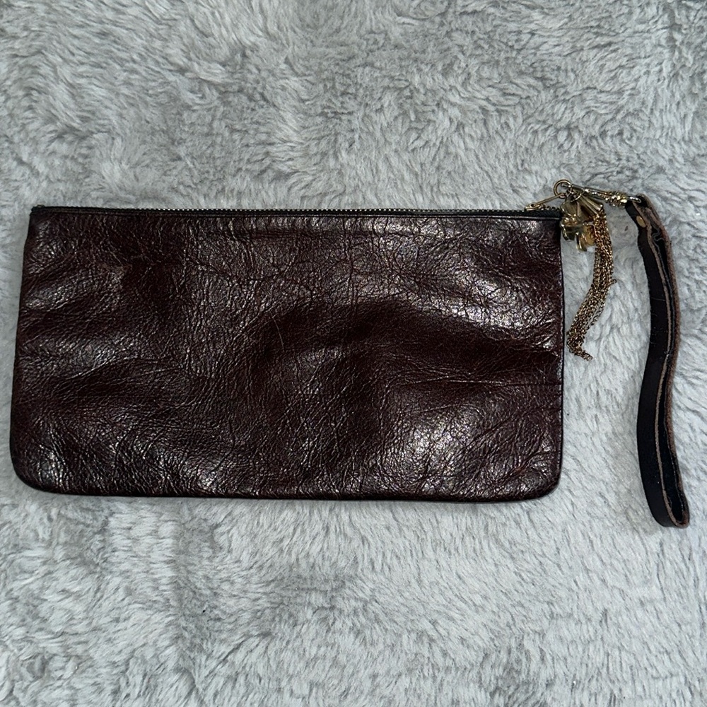Anthropologie large brown leather wristlet clutch bag